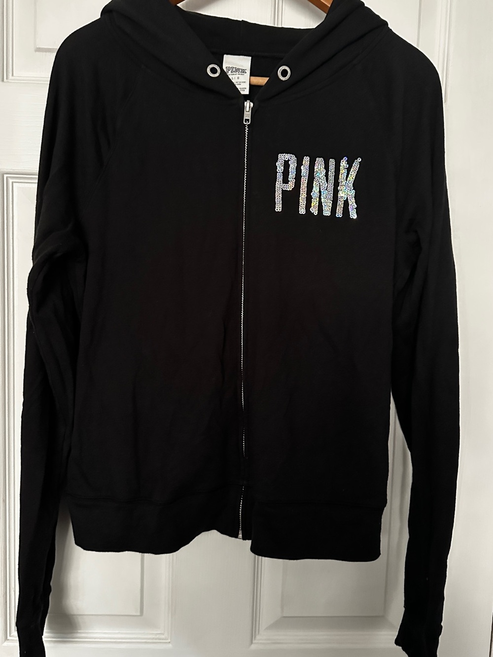 PINK Victoria's Secret Black Hoodie with Sequin Logo Tag*Vintage*GUC*Sz~Lg